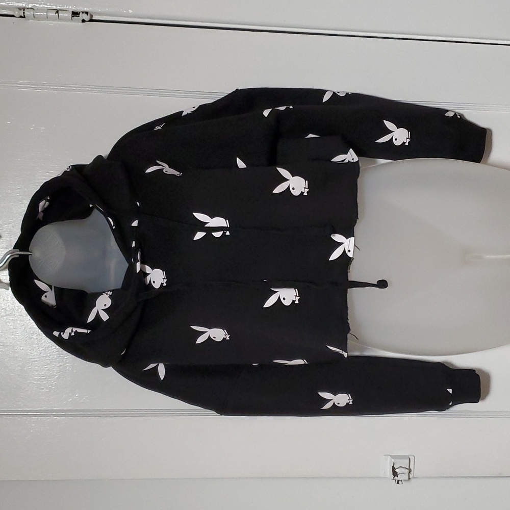 Playboy X Missguided black and white bunny head cropped hoodie sz S (10) - Picture 8 of 10